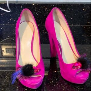 Beautiful Fuchsia Suede with Feathers & Stones Peep Toe  Sandal